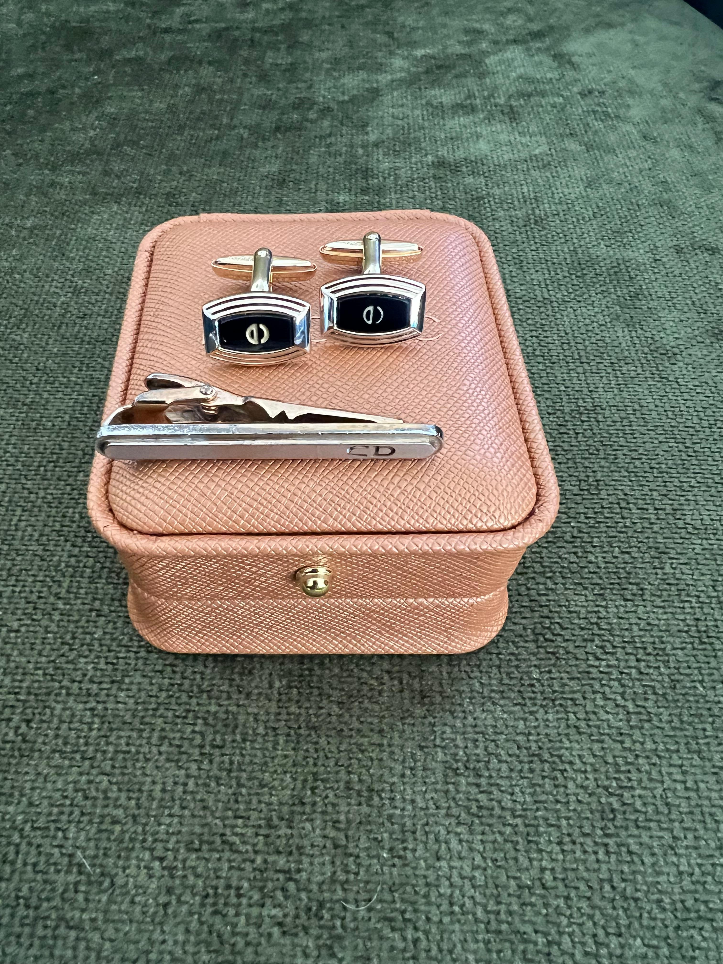 Women's or Men's Vintage Christian Dior Silver Plated Logo Cufflinks Circa 1970 In Bochic Case For Sale
