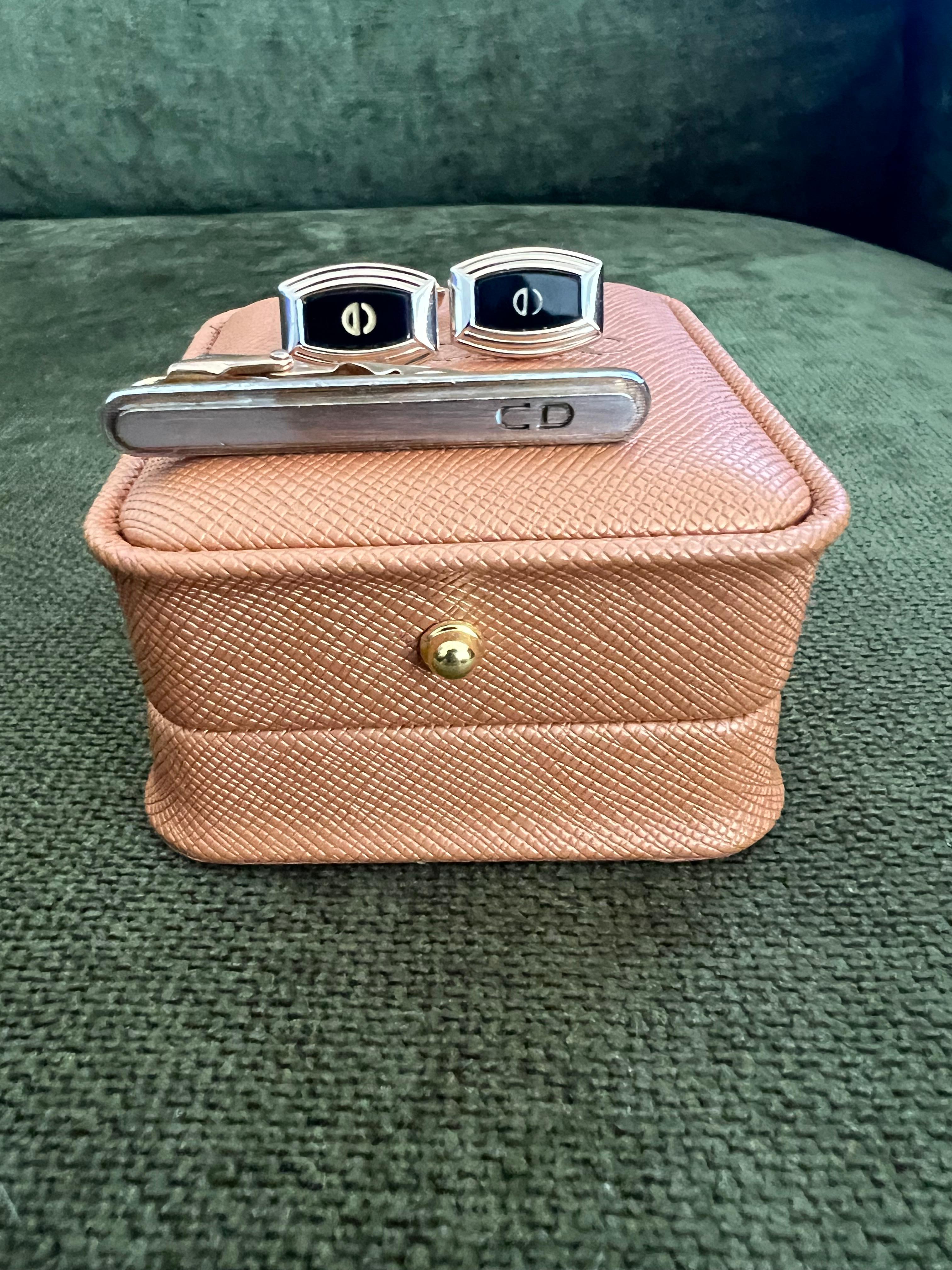 Vintage Christian Dior Silver Plated Logo Cufflinks Circa 1970 In Bochic Case For Sale 1
