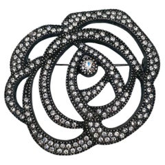 1990s Vintage Christian Dior Silver Tone Camellia Style Rhinestone Brooch