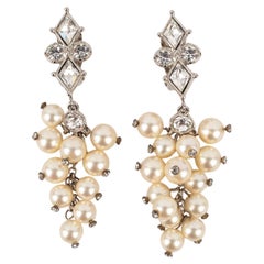Vintage Christian Dior Silvery Metal Drop Earrings with Rhinestones