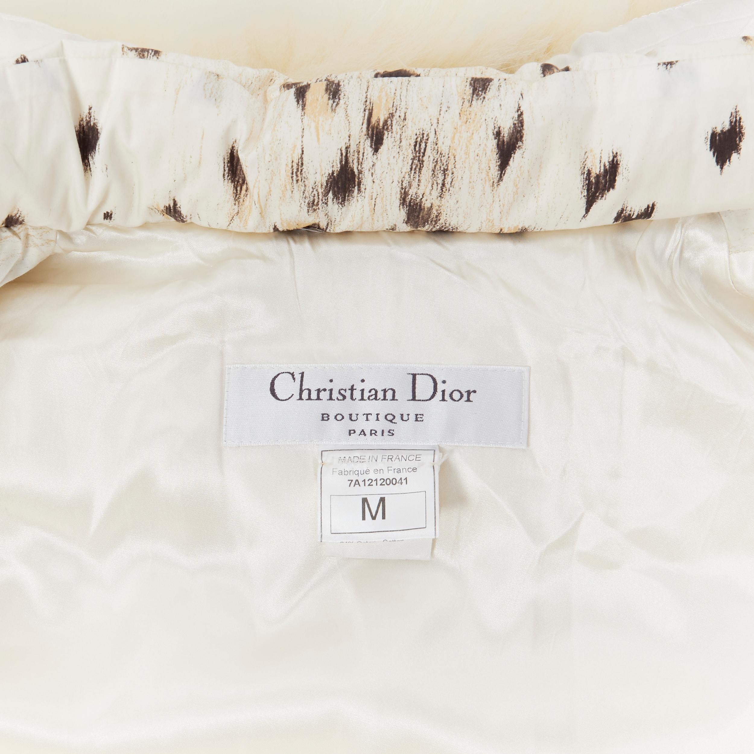 vintage CHRISTIAN DIOR snow leopard print fox fur trim hooded puffer jacket M 3
