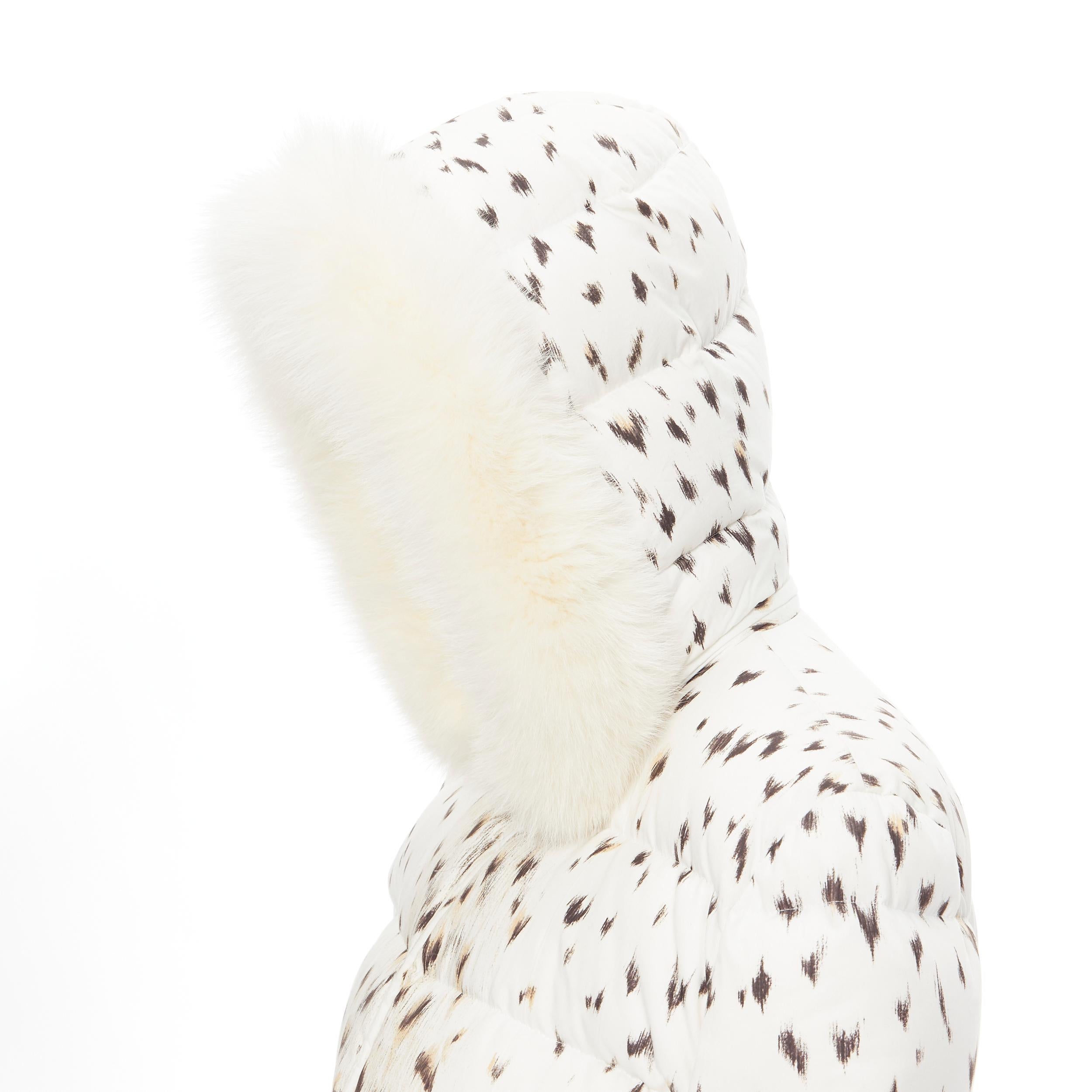 Women's vintage CHRISTIAN DIOR snow leopard print fox fur trim hooded puffer jacket M