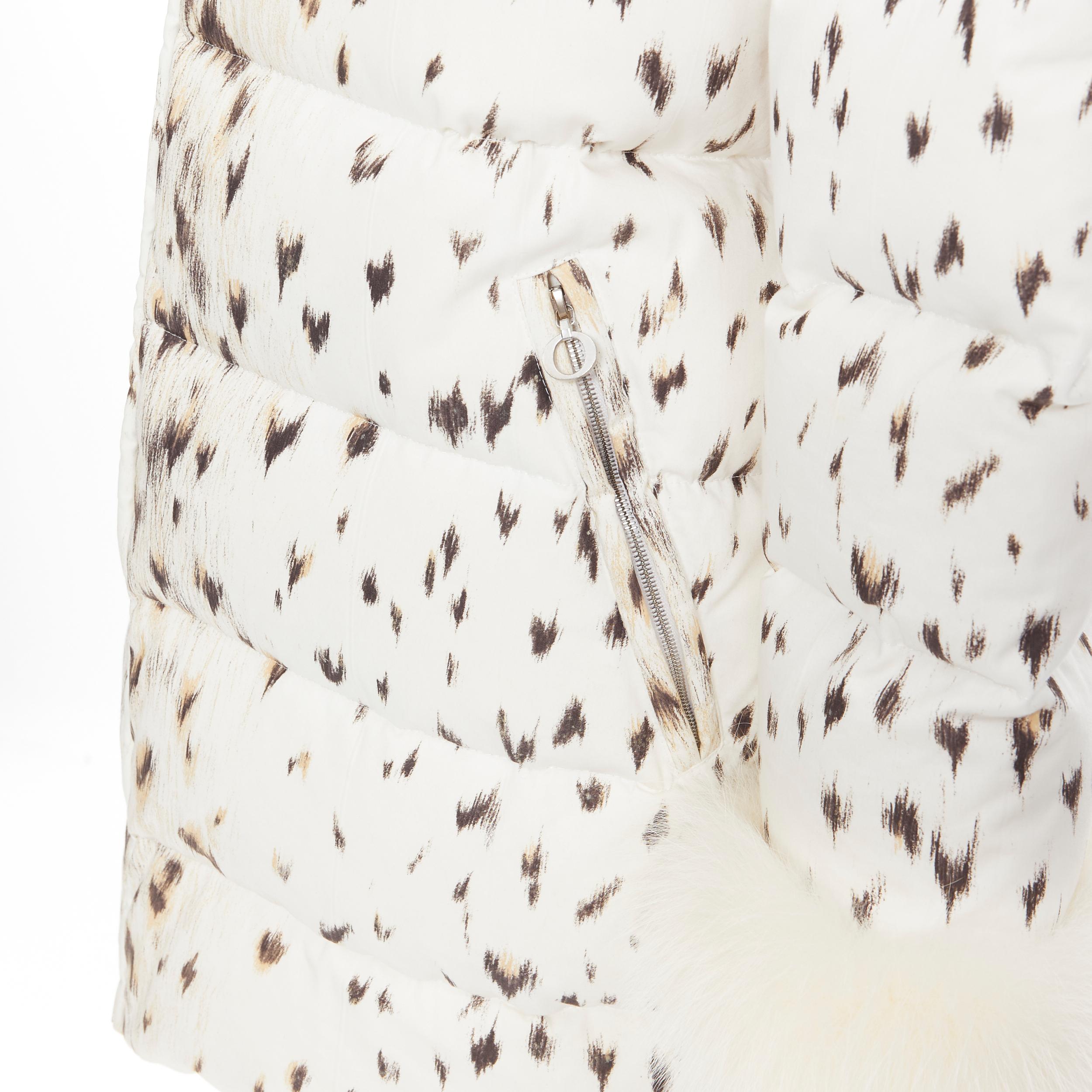 vintage CHRISTIAN DIOR snow leopard print fox fur trim hooded puffer jacket M 1