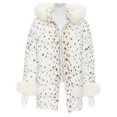 vintage CHRISTIAN DIOR snow leopard print fox fur trim hooded puffer jacket M