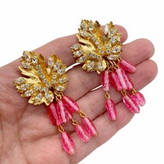 Vintage Christian Dior Statement Tasselled Art Glass Leaf Earrings 1970s
