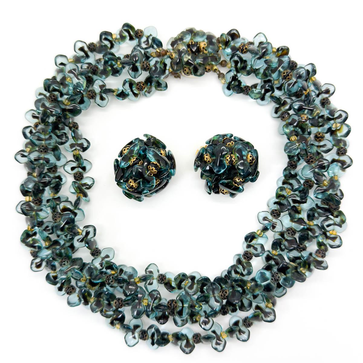 Vintage Christian Dior Teal Art Glass Necklace & Earring set 1967 For Sale 6