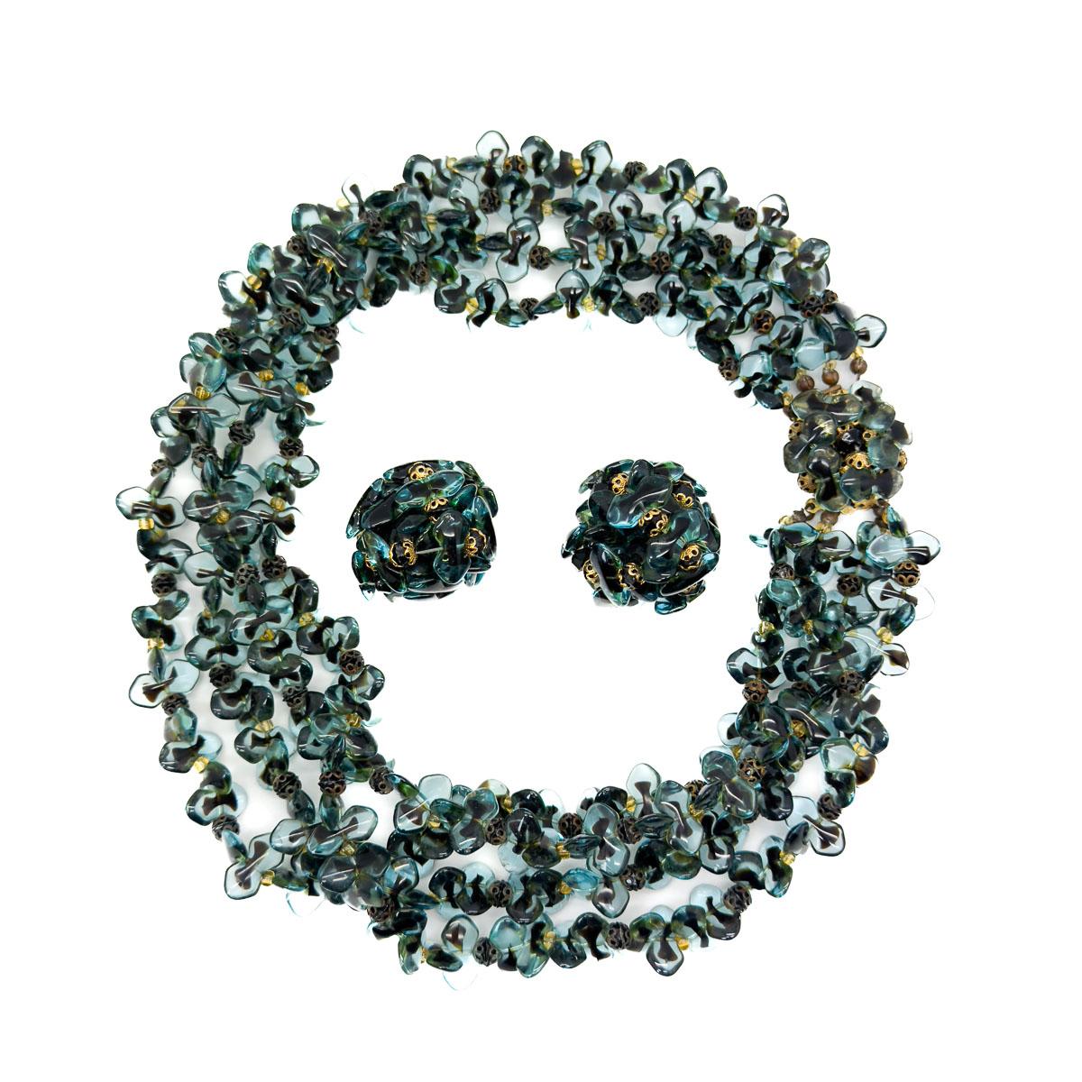 Vintage Christian Dior Teal Art Glass Necklace & Earring set 1967 For Sale 7