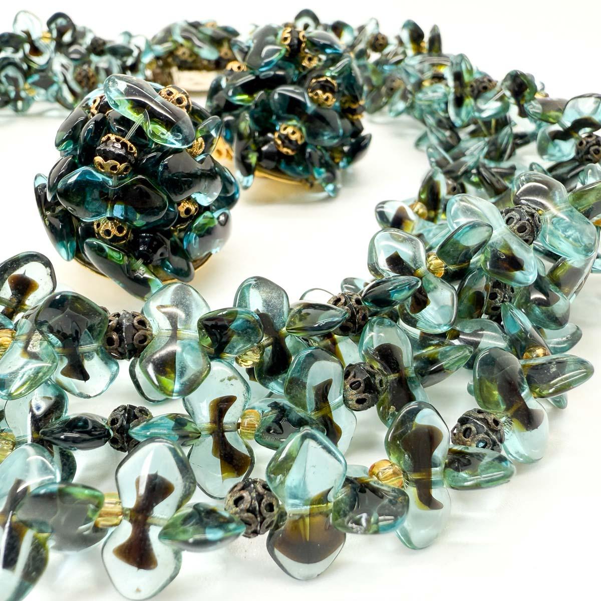 Women's or Men's Vintage Christian Dior Teal Art Glass Necklace & Earring set 1967 For Sale