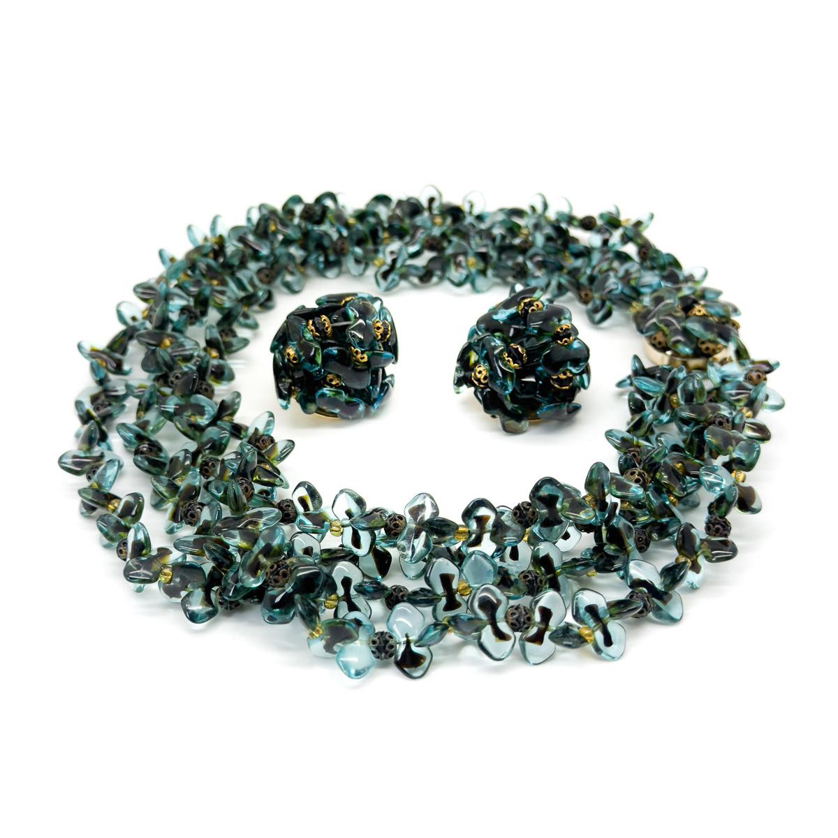 Vintage Christian Dior Teal Art Glass Necklace & Earring set 1967 For Sale 1