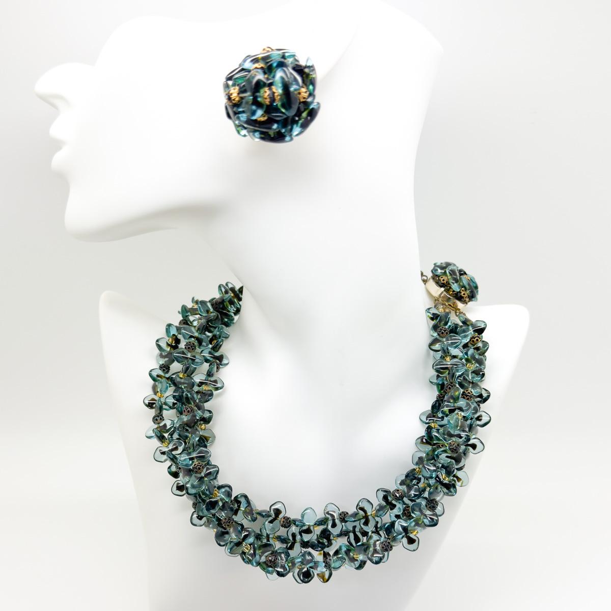 Vintage Christian Dior Teal Art Glass Necklace & Earring set 1967 For Sale 2