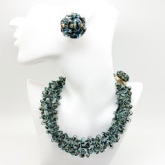 Vintage Christian Dior Teal Art Glass Necklace & Earring Demi-Parure 1967