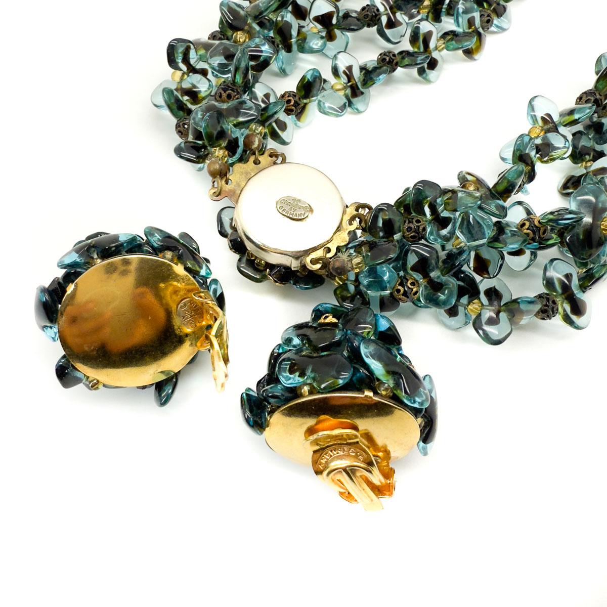 Vintage Christian Dior Teal Art Glass Necklace & Earring set 1967 For Sale 5