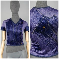 Vintage CHRISTIAN DIOR Velvet Denim Print Mohair Trimming Top Shirt