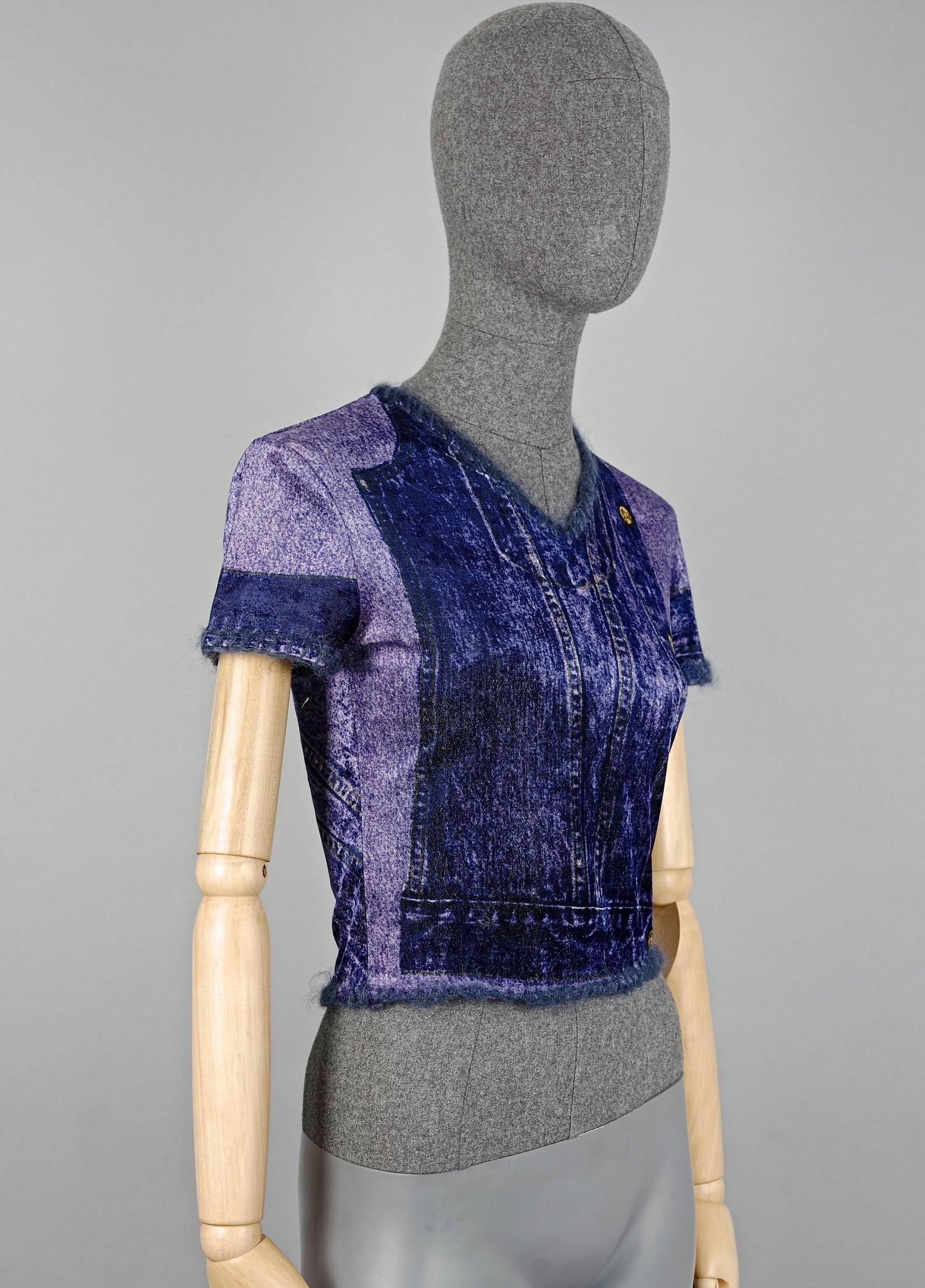 Purple Vintage CHRISTIAN DIOR Velvet Denim Print Mohair Trimming Top Shirt