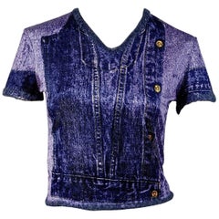 Chemise vintage CHRISTIAN DIOR en velours denim imprimé mohair avec bordure en mohair