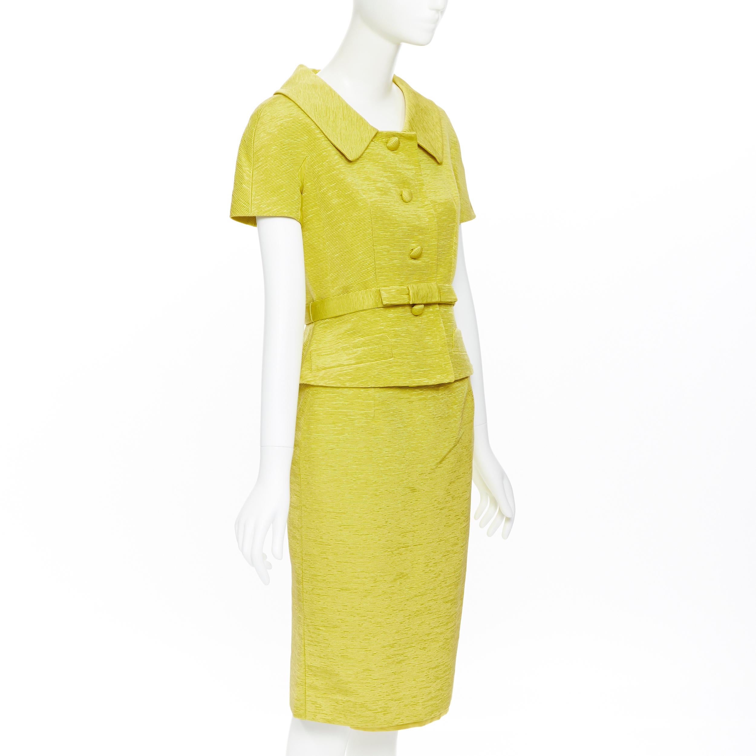 vintage CHRISTIAN DIOR yellow gold cap sleeve belted jacket skirt suit set FR38 In Excellent Condition In Hong Kong, NT