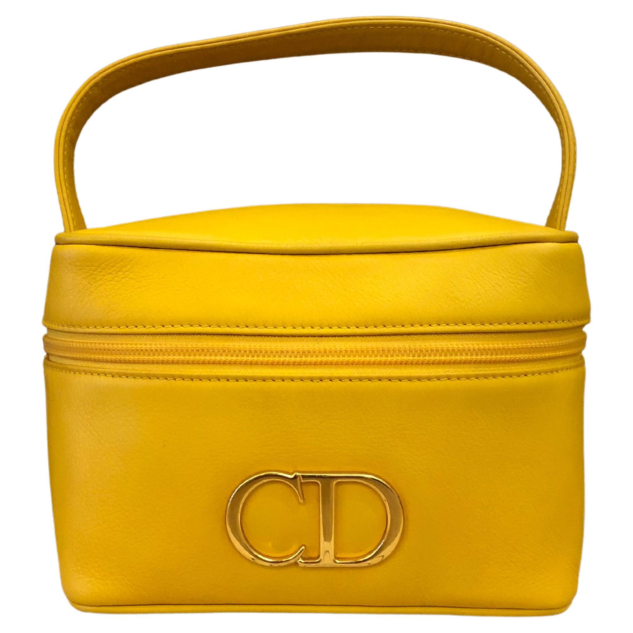 Vintage CHRISTIAN DIOR Yellow Leather Vanity Case Handbag For Sale