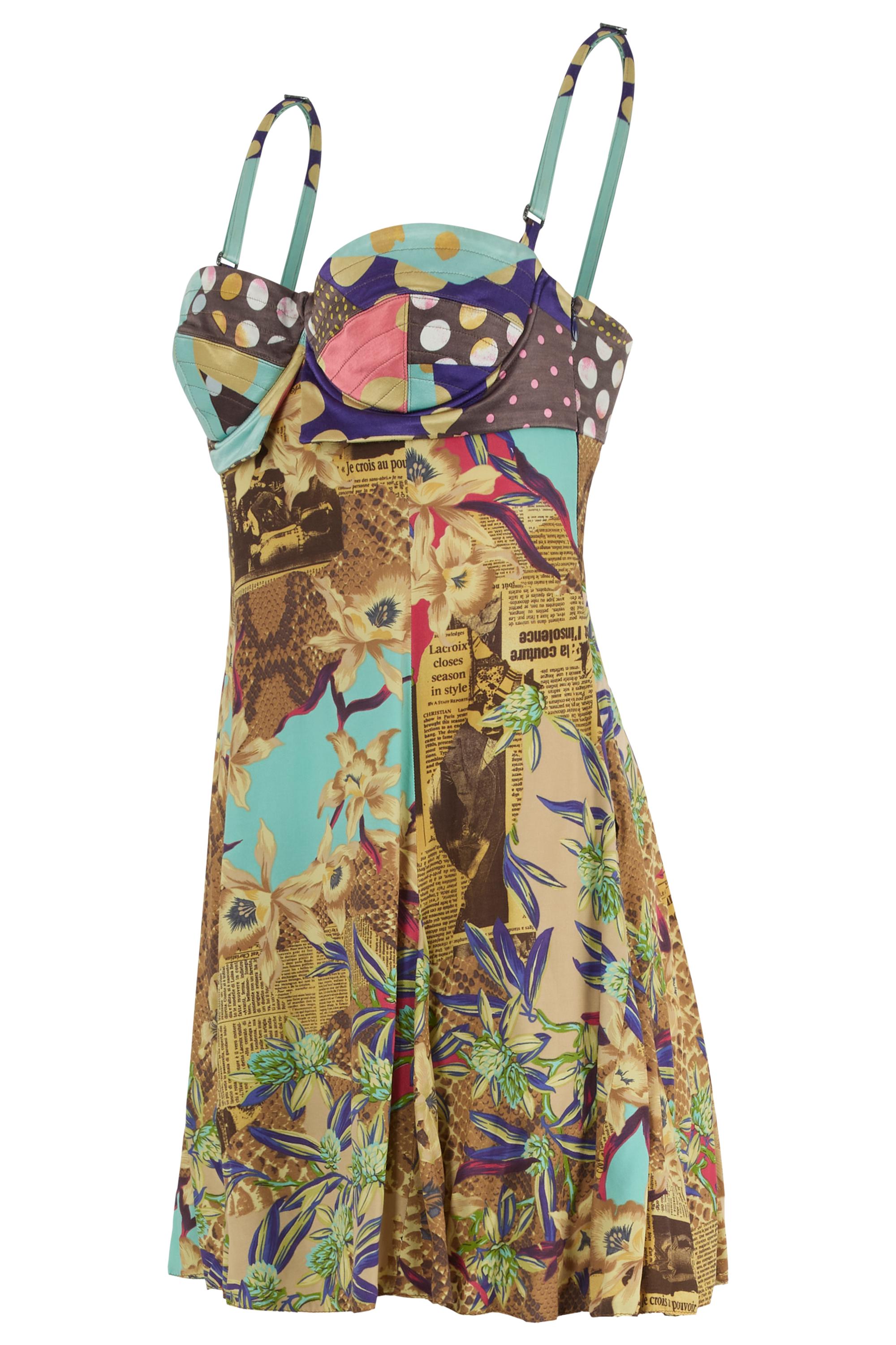 Vintage Christian Lacroix 1990's Abstraktes Muster Seidenkleid. Dieses Kleid ist aus der Infamous Bazar Collection'S von Lacroix. Das Unterkleid ist mit einem hellen, abstrahierten Muster versehen. Mit verstellbaren Trägern und strukturierter Büste.