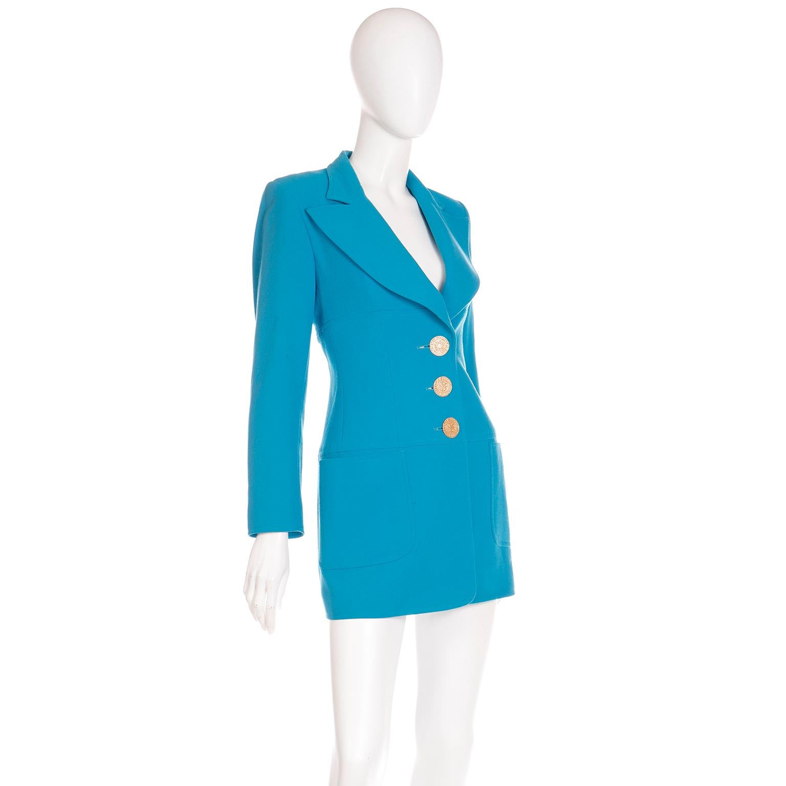 Vintage Christian Lacroix 1995 Blue Long Lne Blazer with Gold Buttons In Good Condition For Sale In Portland, OR