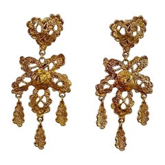 Vintage CHRISTIAN LACROIX Arabesque Monogram Heart Flower Dangling Earrings Vintage CHRISTIAN LACROIX Arabesque Monogram Heart Flower Dangling Earrings