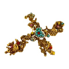 Vintage CHRISTIAN LACROIX Baroque Cross Cherub Jeweled Pendant Brooch