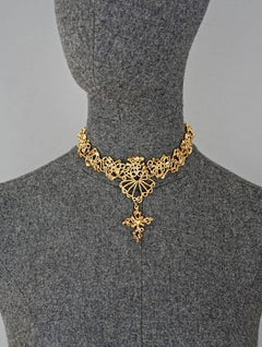 Vintage CHRISTIAN LACROIX Baroque Heart Link Cross Choker Necklace