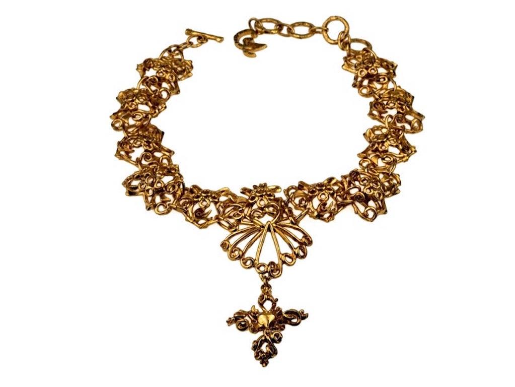 Women's Vintage CHRISTIAN LACROIX Baroque Heart Link Cross Choker Necklace
