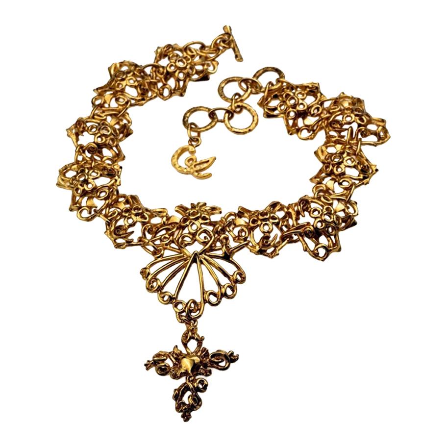 Vintage CHRISTIAN LACROIX Baroque Heart Link Cross Choker Necklace