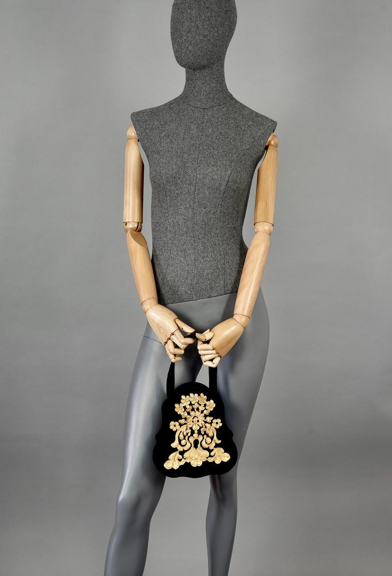Vintage CHRISTIAN LACROIX Baroque Metal Embellish Jewelled Velvet Bag For Sale 2