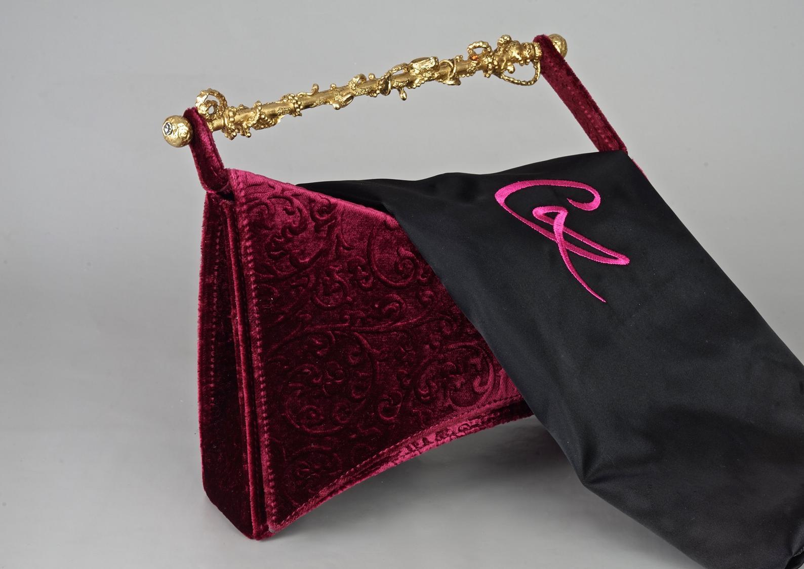 Red Vintage CHRISTIAN LACROIX Baroque Metal Jewelled Top Handle Brocade Velvet Bag