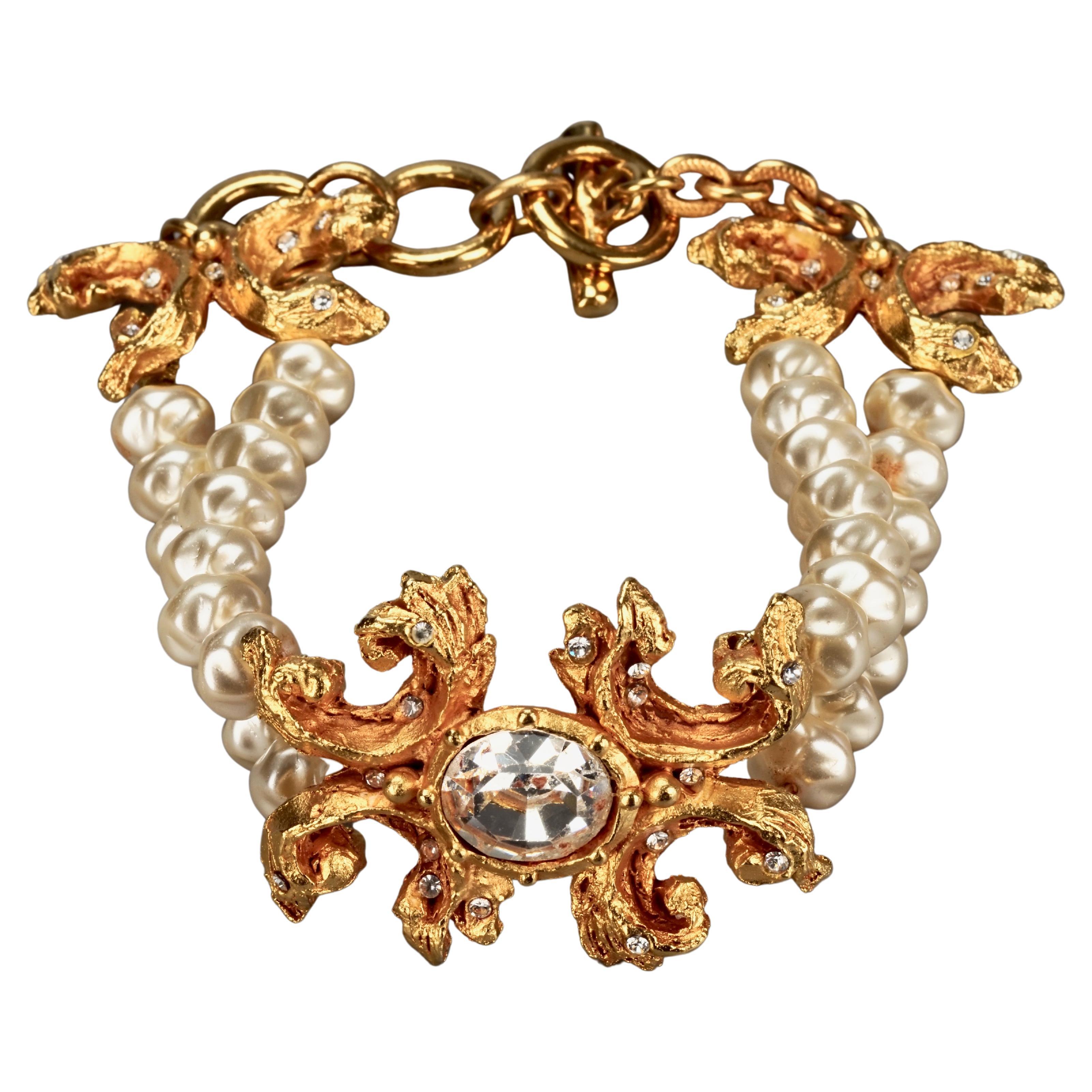 Vintage CHRISTIAN LACROIX Baroque Rhinestone 2 Layer Pearl Bracelet For Sale