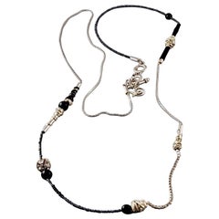 Vintage CHRISTIAN LACROIX Beaded Rhinestone Thread Leather Chain Long Necklace