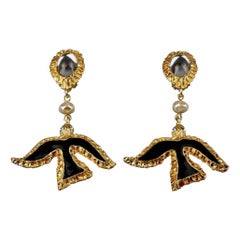 Vintage CHRISTIAN LACROIX Bird Enamel Pearl Glass Cabochon Dangling Earrings