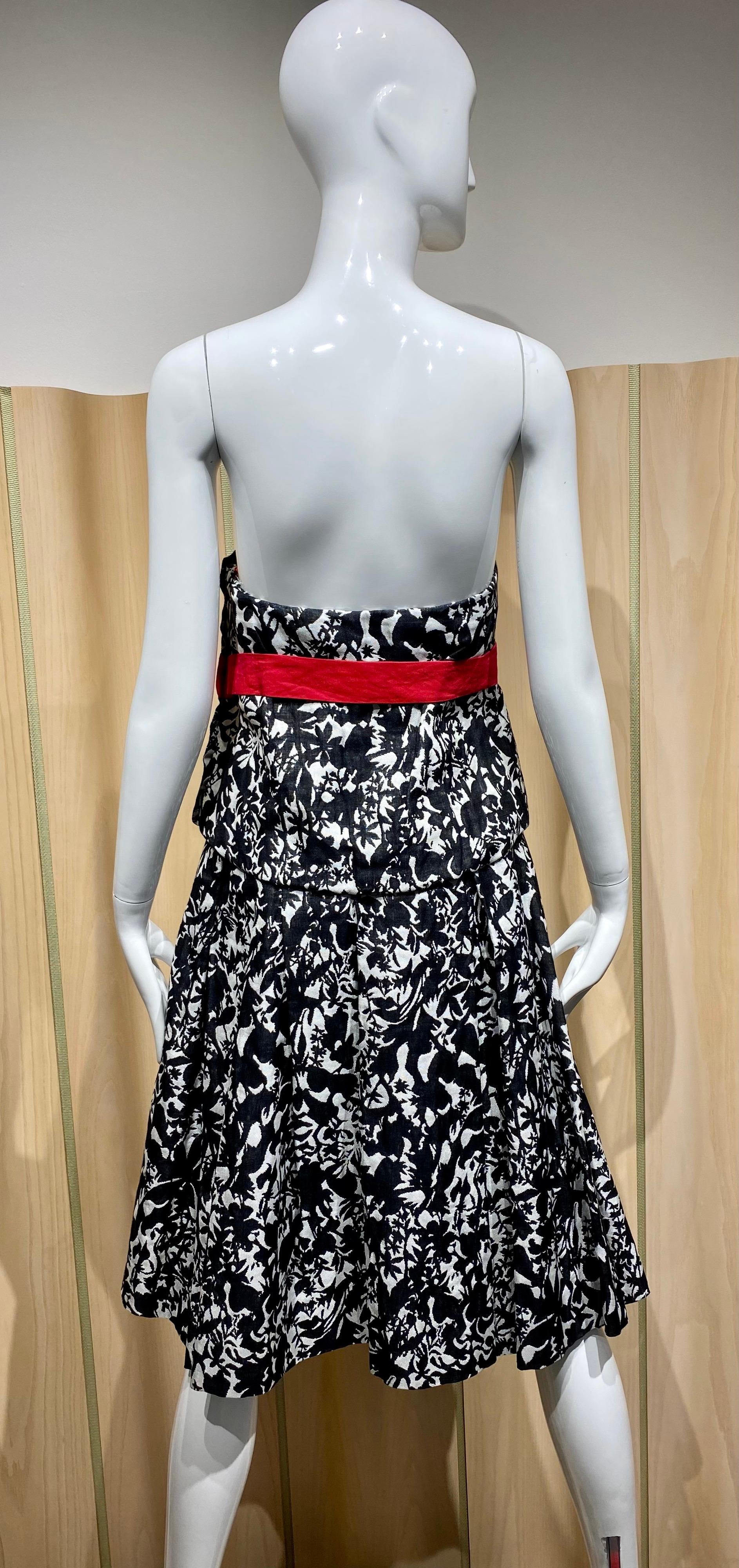 Gray Vintage Christian Lacroix Black and White Floral Print Strapless Linen Dress For Sale