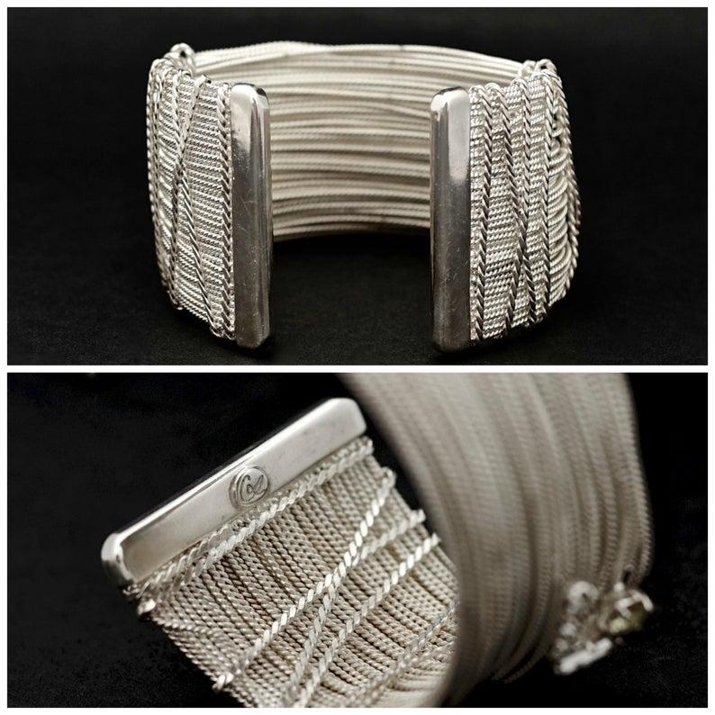Vintage CHRISTIAN LACROIX Bundled Textured Wires Rhinestone Rigid Bracelet Cuff 1