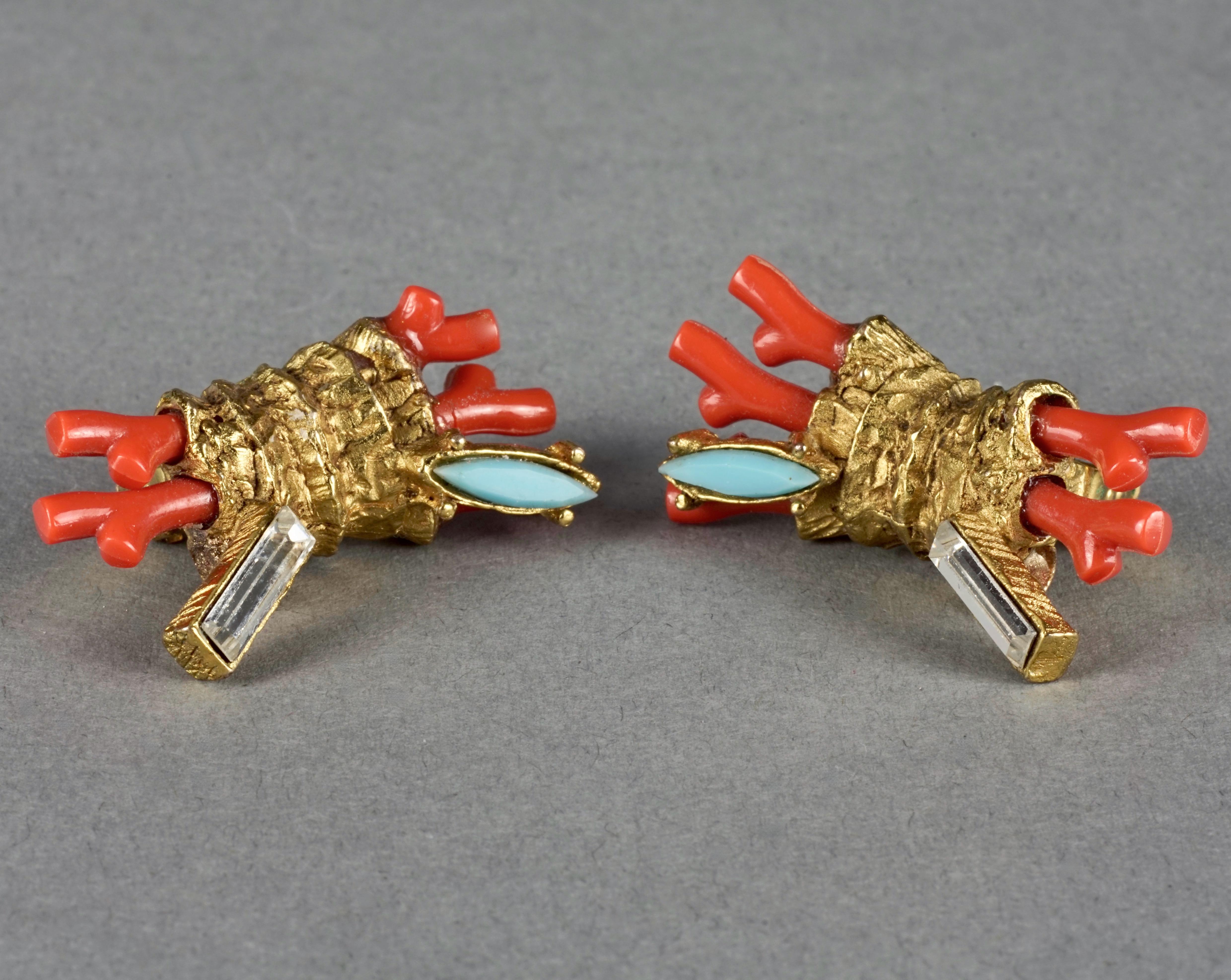 Women's Vintage CHRISTIAN LACROIX Coral Turquoise Rhinestone Earrings For Sale