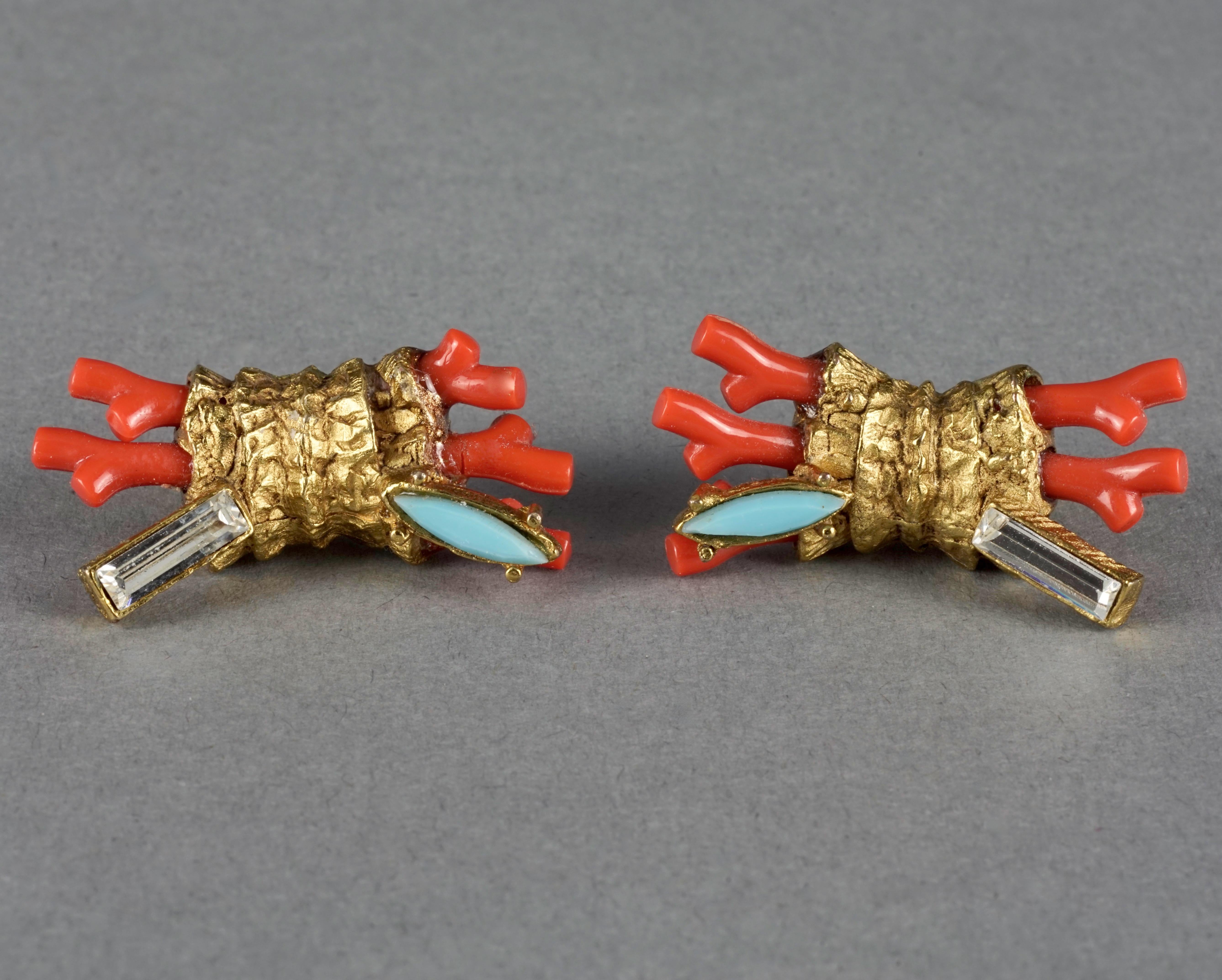 Vintage CHRISTIAN LACROIX Coral Turquoise Rhinestone Earrings For Sale 1