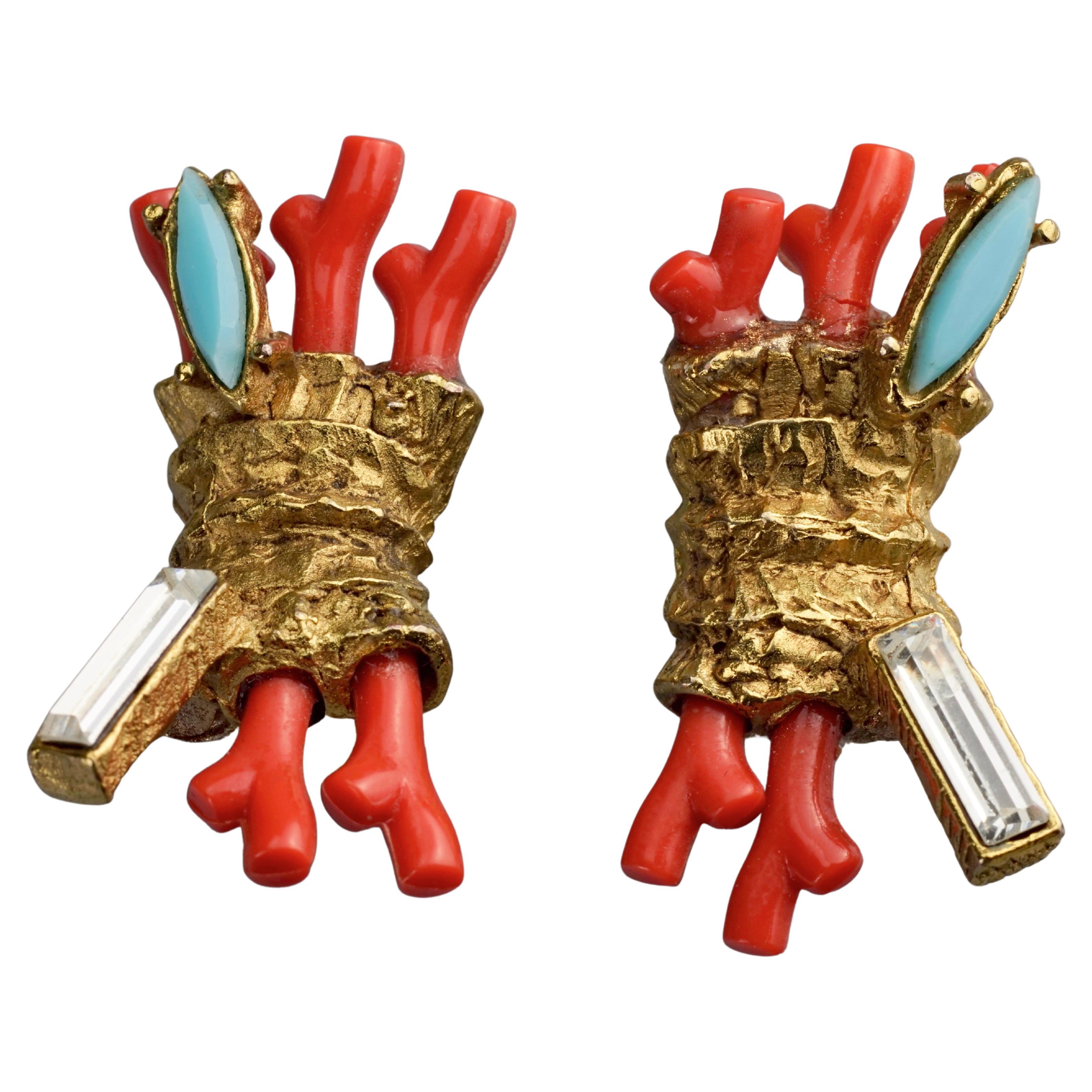 Vintage CHRISTIAN LACROIX Coral Turquoise Rhinestone Earrings For Sale