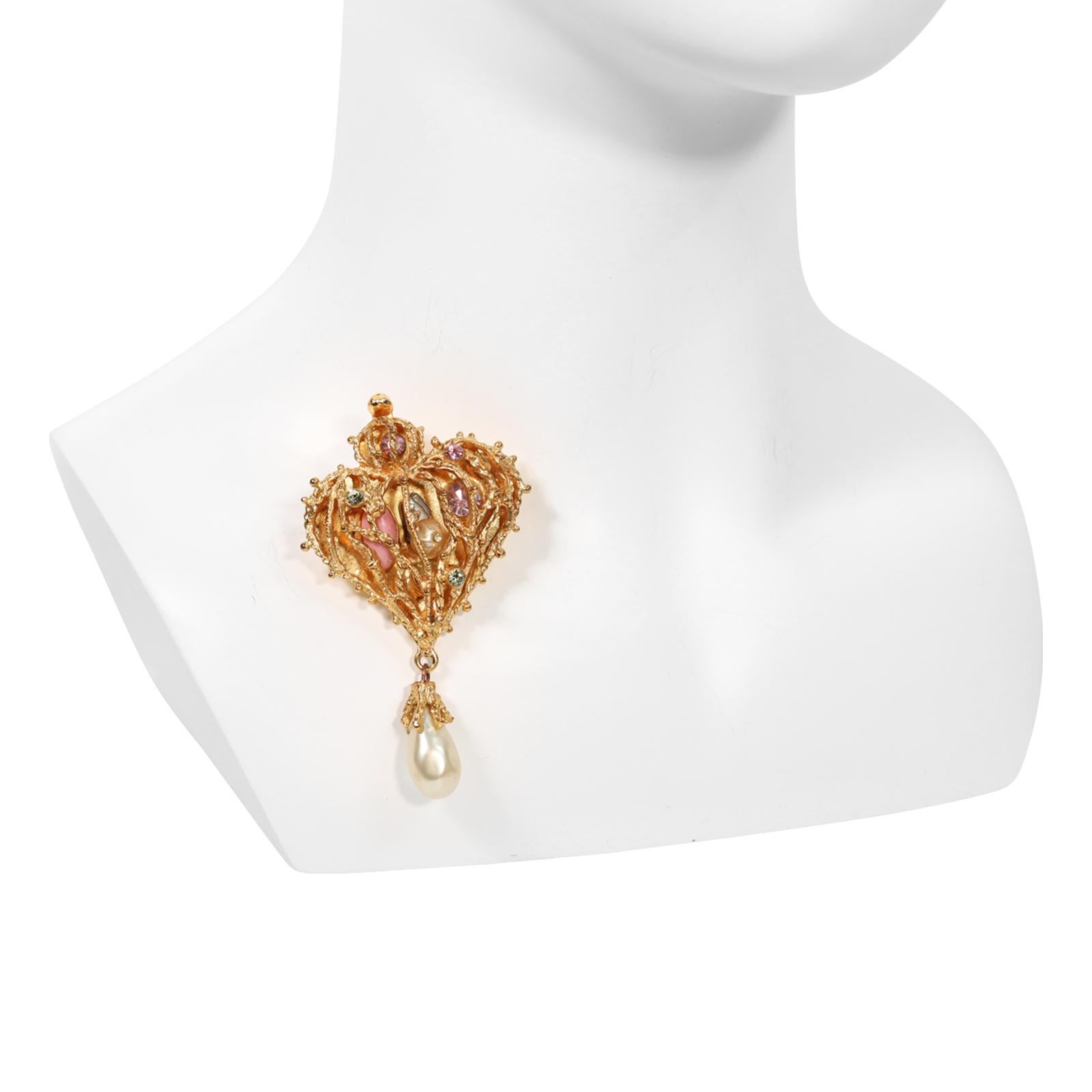 Vintage Christian Lacroix Dangling Gold Tone Pearl Brooch with Pearl, Crystal, Cabochon and small Crystals in Gilded Cage like Heart with Dangling Pear Shaped Faux Pearl. 

This is so special as the cage has stones inside of it.  You can see the