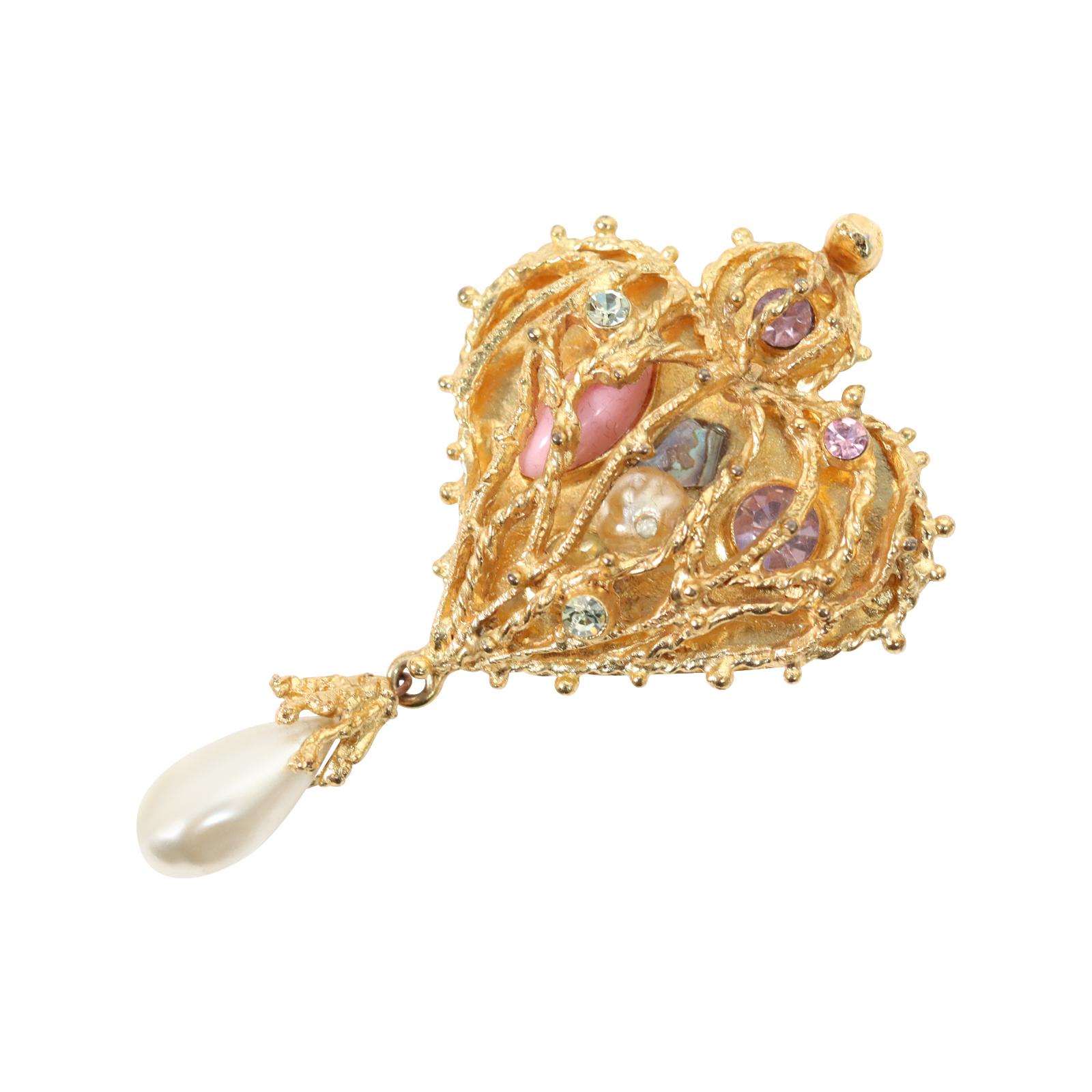 Artist Vintage Christian Lacroix Dangling Gold Tone Pearl Brooch Circa 1990s For Sale