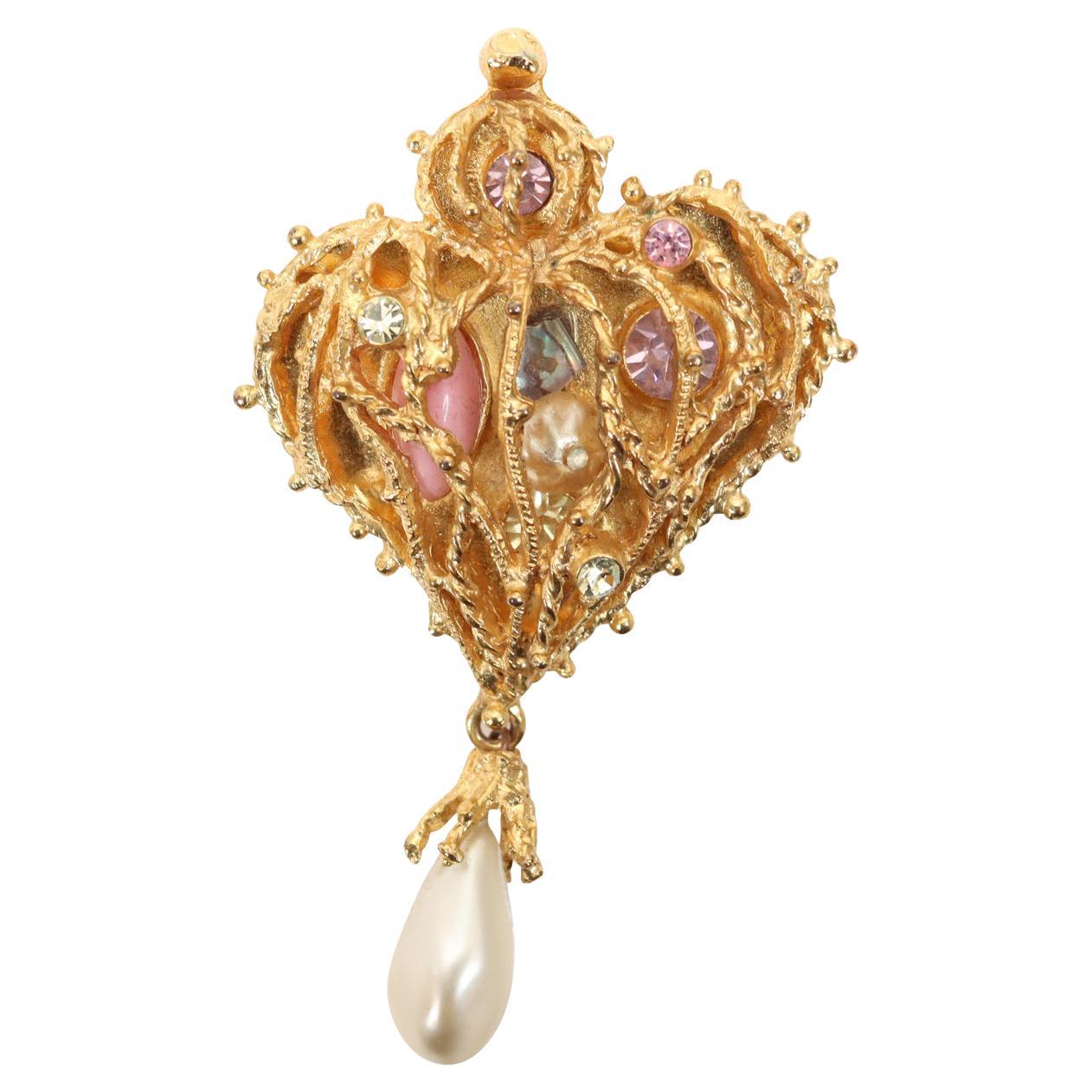 Vintage Christian Lacroix Dangling Gold Tone Pearl Brooch Circa 1990s