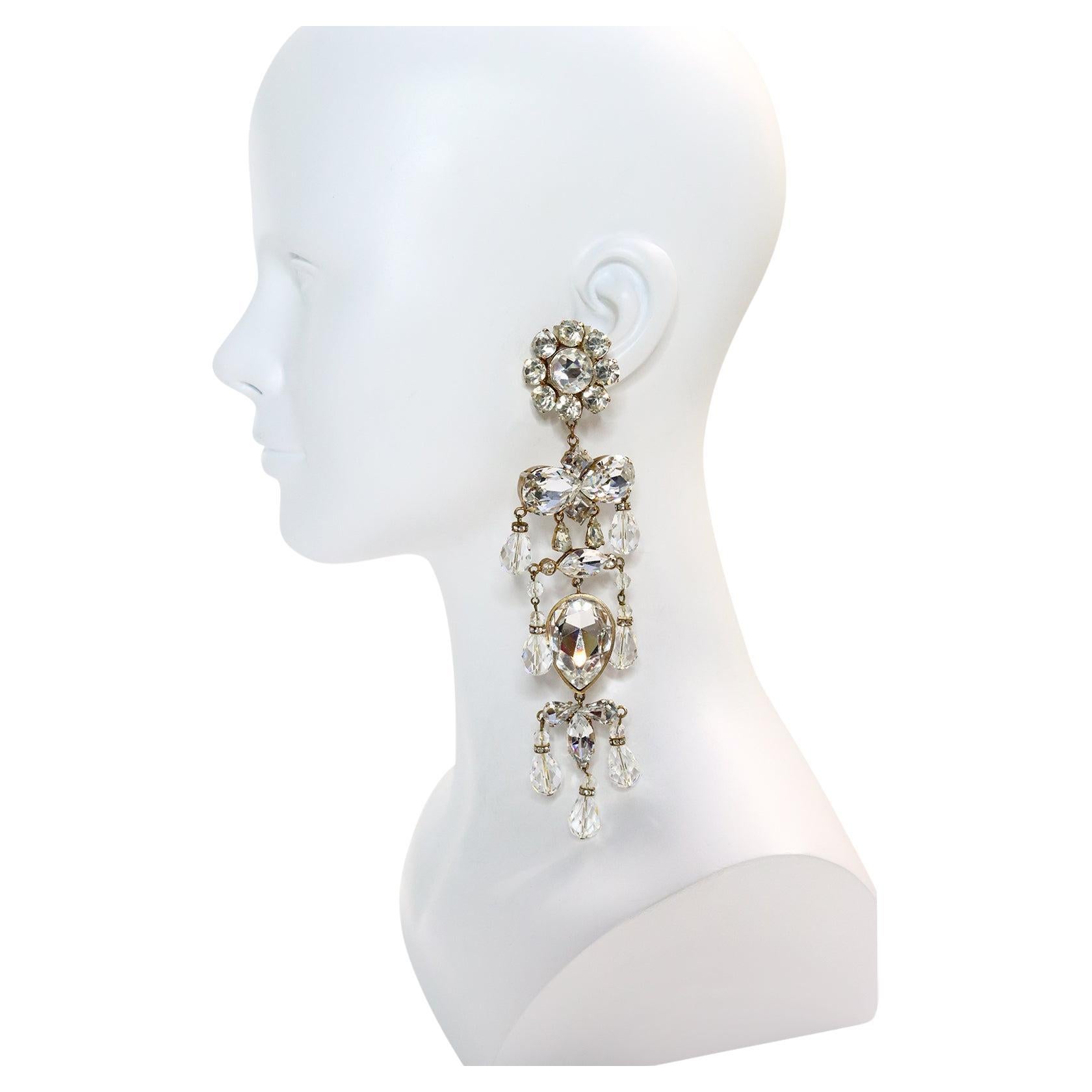 Vintage CHRISTIAN LACROIX  Diamante Long Chandelier Earrings Circa 1990s. Couture Dangling Long earrings like I have never seen. Set on gold tone metal these are spectacular. Clip On. 
 I will send velcro Dots to attach with it and you can then go