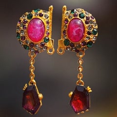 Vintage Christian Lacroix pendant earrings pink and amethyst, glass pasted