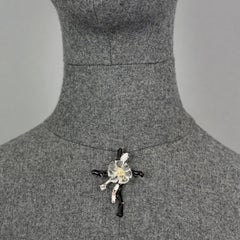 Vintage CHRISTIAN LACROIX Flower Black Enamel Faux Coral Cross Brooch
