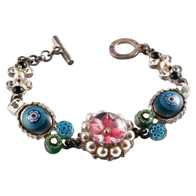 Vintage CHRISTIAN LACROIX Flower Millefiori Pearl Rhinestones Bracelet For Sale