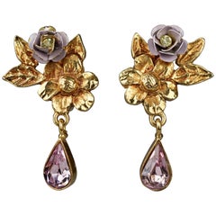 Vintage CHRISTIAN LACROIX Flower Purple Enamel Rhinestone Drop Earrings