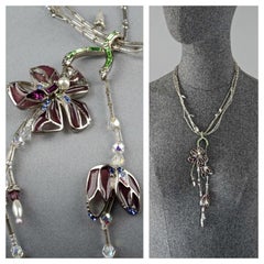Vintage CHRISTIAN LACROIX Flower Stained Glass Beaded Silver Necklace