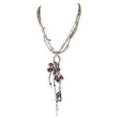 Vintage CHRISTIAN LACROIX Flower Stained Glass Beaded Silver Necklace