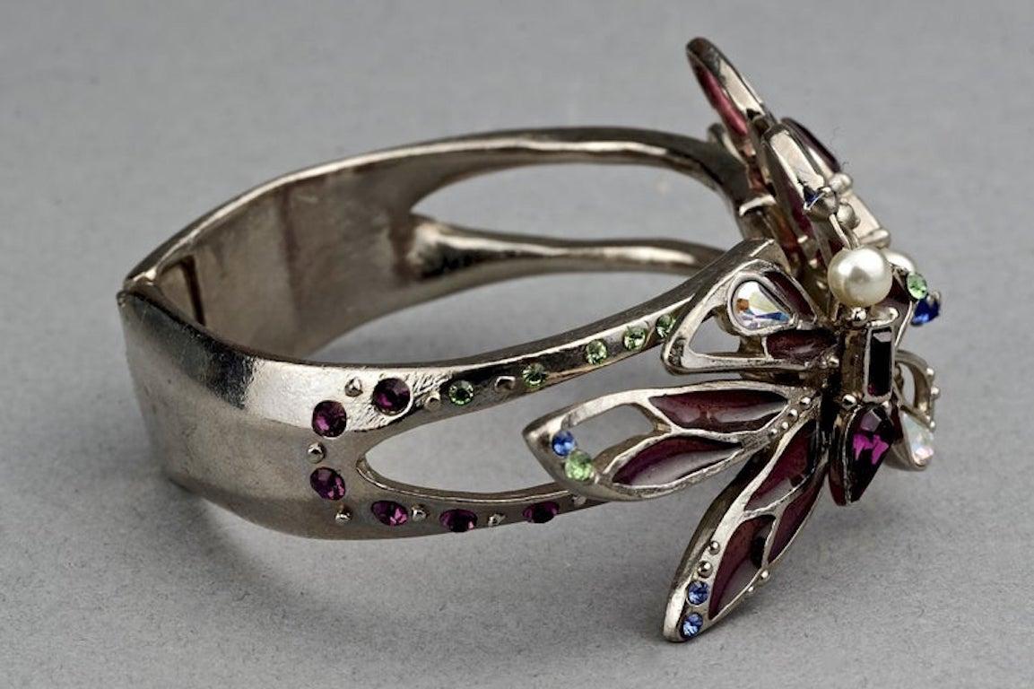 Vintage CHRISTIAN LACROIX Flower Stained Glass Silver Cuff Bracelet In Excellent Condition For Sale In Kingersheim, Alsace