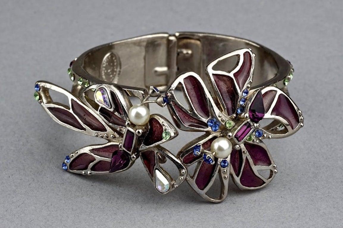 Vintage CHRISTIAN LACROIX Flower Stained Glass Silver Cuff Bracelet For Sale 1